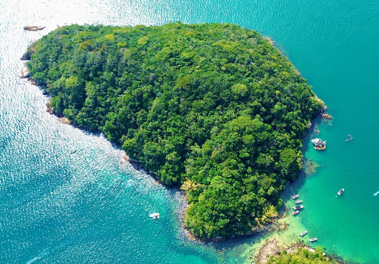Vista aérea da península coberta pela Mata Atlântica e cercada pelo mar